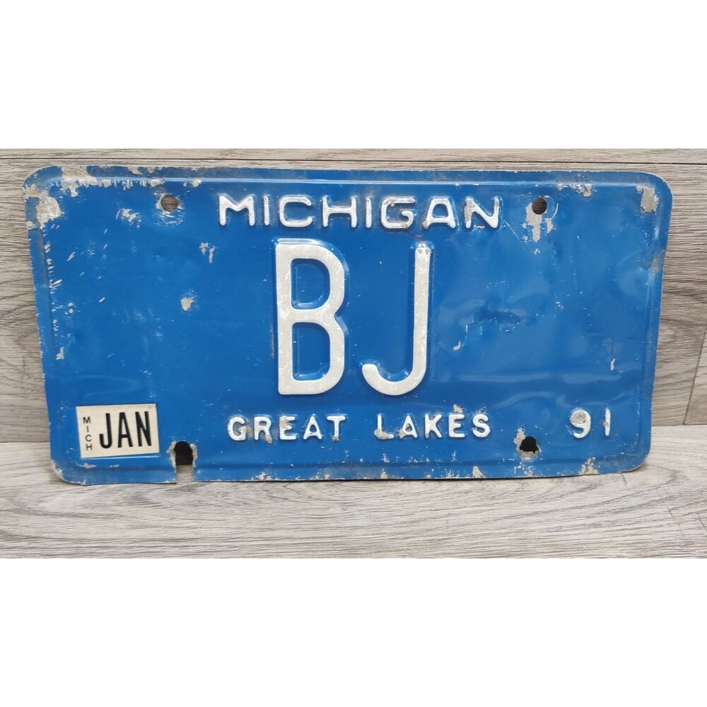 Michigan Personal Custom License Plate # BJ Blue Great Lakes-Collecting 1991
